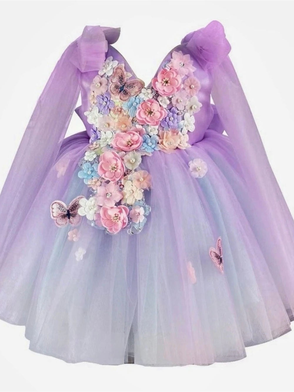 Kids Floral Tulle Formal Dress in Purple & Pink